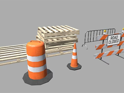 Traffic Cones Wooden Pallets Metal Barriers And Road Closed Signs At Construction Site 3d model
