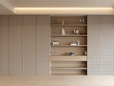 Modern Wooden Sideboard With Open Shelves Wine Bottles Glassware And Decorative Items 3d model