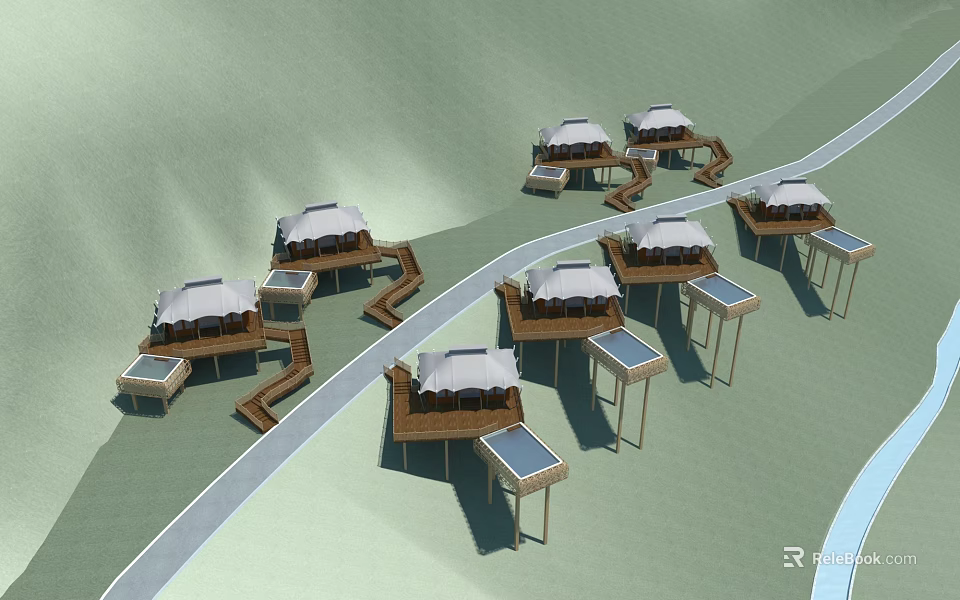 Scenic Boutique Villas With Wooden Structures White Roofs And Connected Walkways 3d model 