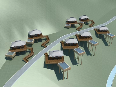 Scenic Boutique Villas With Wooden Structures White Roofs And Connected Walkways 3d model