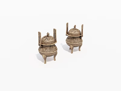 Ornate Traditional Bronze Incense Burners With Carved Lids And Three Legs 3d model
