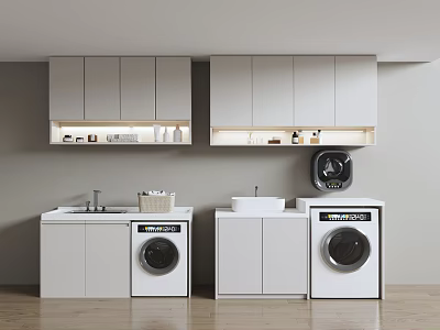 Modern Laundry Room Interior With White Cabinets And Washing Machines 3d model
