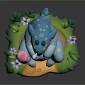 Cute Blue Dinosaur And Pink Pig Cartoon Characters Sitting On Green Grass With Purple Flowers