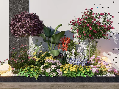 Vibrant Flower Garden With Purple Red Yellow Blooms And Green Foliage 3d model