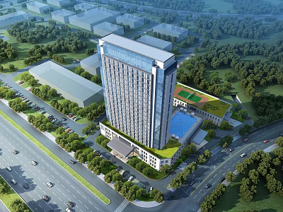 Modern Office Building Exterior Design With Green Landscaping Parking And Road Surroundings 3d model