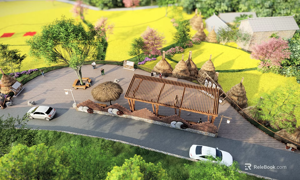 Rural Countryside Scene With Yellow Fields Haystacks Wooden Pavilion Green Trees And Parked Cars 3d model 