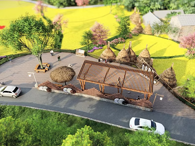 Rural Countryside Scene With Yellow Fields Haystacks Wooden Pavilion Green Trees And Parked Cars 3d model