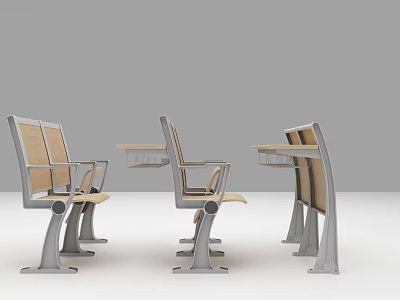 Modern Public Chairs With Wooden Seats Metal Frames And Attached Tablet Arms 3d model