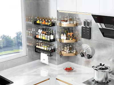 Modern Kitchen Interior Featuring Wall Cabinets With Bottles Knives White Countertop And Window View 3d model