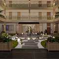 Chinese Style Lobby Courtyard Design With Rockery Plants Stone Paths And Palm Trees
