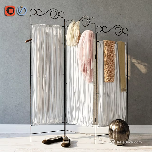 Modern Double Sofa With Metal Frame Screen And Colorful Scarves In Gray Wall Space 3d model 