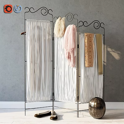Modern Double Sofa With Metal Frame Screen And Colorful Scarves In Gray Wall Space 3d model