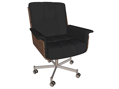 Modern Comfortable Black Office Chair With Wooden Armrests And Wheeled Base 3d model