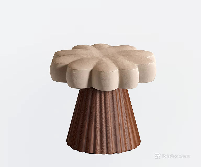 Modern Beige Petal Shaped Stool With Brown Ribbed Wooden Base Design 3d model 