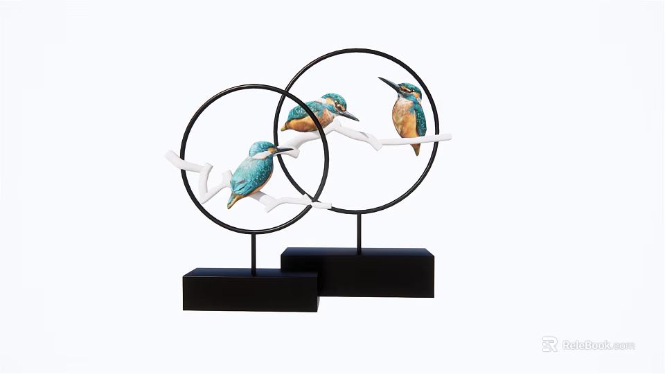 Decorative Ornament Set with Kingfishers on Branches Circular Design Black Bases 3d model 