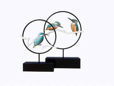 Decorative Ornament Set with Kingfishers on Branches Circular Design Black Bases 3d model