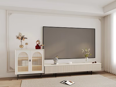 Modern White TV Stand With Glass Door Cabinet And Decorative Items In Elegant Living Room 3d model