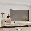 Modern White TV Stand With Glass Door Cabinet And Decorative Items In Elegant Living Room