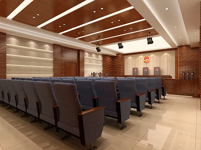 Courtroom Interior With Blue Chairs Wooden Walls Judge Bench Ceiling Lighting And Emblem 3d model