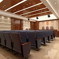 Courtroom Interior With Blue Chairs Wooden Walls Judge Bench Ceiling Lighting And Emblem