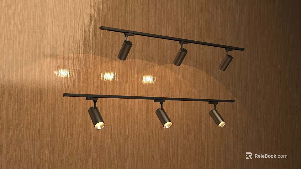 Black Track Lights With Multiple Illuminated Spotlights On Wooden Wall Interior 3d model 