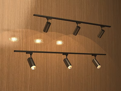Black Track Lights With Multiple Illuminated Spotlights On Wooden Wall Interior 3d model