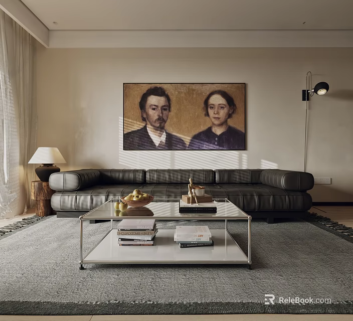 Living Room Interior With Black Leather Sofa Gray Carpet Glass Coffee Table And Portrait Painting 3d model 
