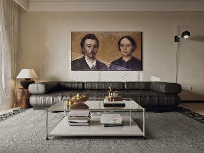 Living Room Interior With Black Leather Sofa Gray Carpet Glass Coffee Table And Portrait Painting 3d model