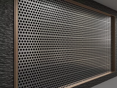 Black Perforated Metal Background Wall With Circular Holes And Bronze Frame Design 3d model
