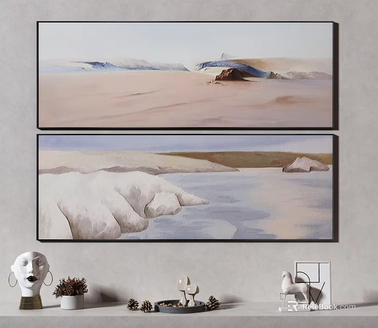 Two Landscape Paintings On Wall With Desert Coastal Scenes And Decorative Items 3d model 