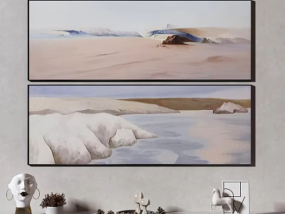 Two Landscape Paintings On Wall With Desert Coastal Scenes And Decorative Items 3d model