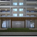 Modern Residential Building Entrance With Decorative Facade Lawn Lighting And Pedestrians