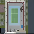 Rooftop Tennis Court With Green Surface White Lines Fencing Street Lamp And Yellow Ball