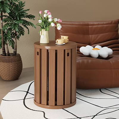 Round Wooden Stool In Living Room With Leather Sofa Vase Flowers And Green Plant 3d model