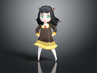 Cartoon Character With Cat Ears Black Hair Green Eyes In Brown Dress And Yellow Trim 3d model