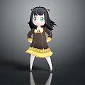 Cartoon Character With Cat Ears Black Hair Green Eyes In Brown Dress And Yellow Trim