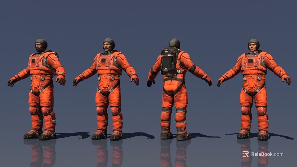 Four Men Wearing Orange Spacesuits Displayed from Multiple Angles with Reflective Floor 3d model 