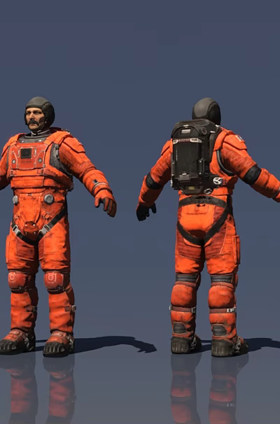 Four Men Wearing Orange Spacesuits Displayed from Multiple Angles with Reflective Floor 3d model