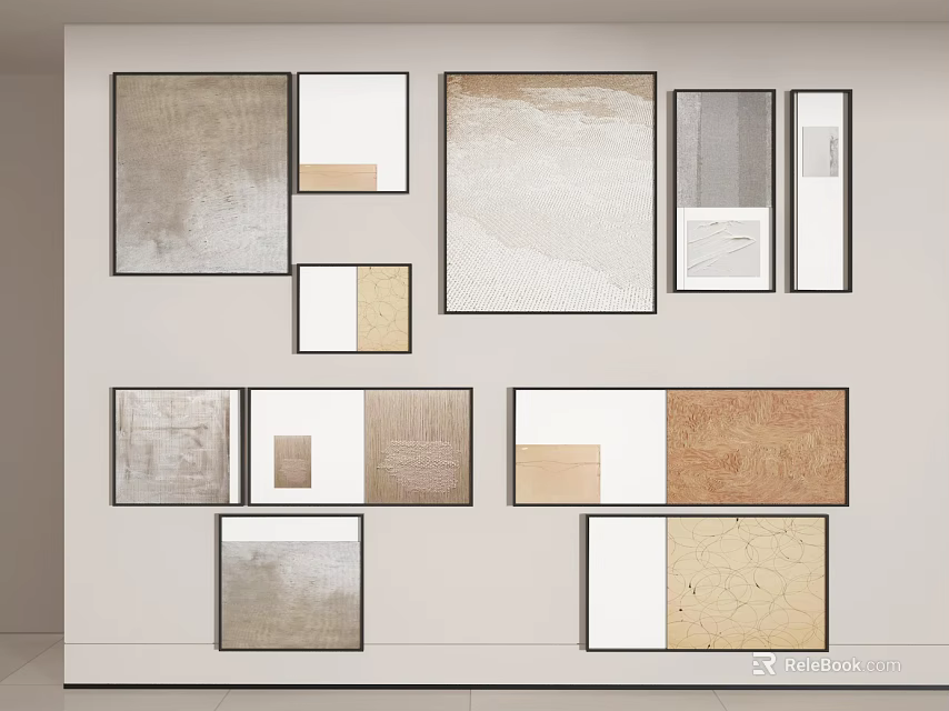 Photo Wall With Various Sizes Frames Neutral Tones Collage Arrangement On Light Wall 3d model