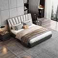 Modern Background Double Bed With Tufted Headboard Gray Wall Bookshelf Nightstand And Table Lamp