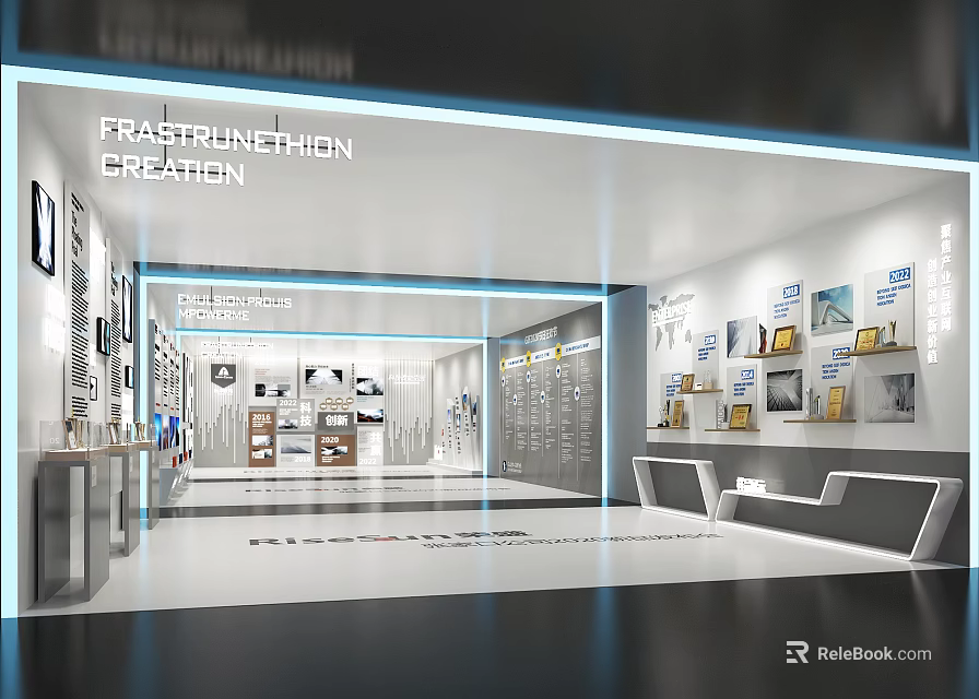 Modern Exhibition Stand Interior Design With Creative Display Shelves And Exhibits Lighting 3d model 