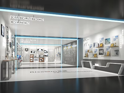 Modern Exhibition Stand Interior Design With Creative Display Shelves And Exhibits Lighting 3d model