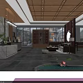 Elegant Chinese Restaurant Interior Featuring Wooden Screens Marble Walls Round Mirror And Green Plants