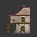 Cartoon House Scene With Red Strawberry Shaped Roof Wooden Staircase Balcony And Ivy Plants