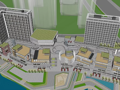 Modern High Rise Hotel Building Complex With Green Roof Plaza Water Feature And Pedestrian Walkways 3d model
