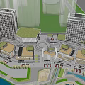 Modern High Rise Hotel Building Complex With Green Roof Plaza Water Feature And Pedestrian Walkways