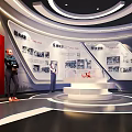 Exhibition Hall Interior Design With White Circular Platform Display Boards And Red Door 3d model
