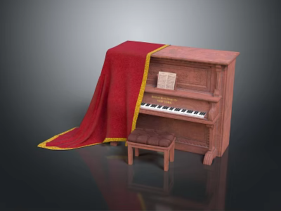 Vintage Upright Piano with Red Cloth Yellow Trim Small Stool and Open Sheet Music 3d model