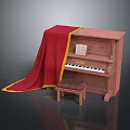 Vintage Upright Piano with Red Cloth Yellow Trim Small Stool and Open Sheet Music