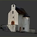 Village Church Model Featuring White Walls Brown Roof Bell Tower Red Door And Green Grass